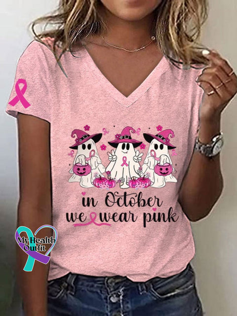 Women’s Breast Cancer Awareness In October We Wear Pink Pumpkins And Ghost Ribbon Print T-Shirt / S