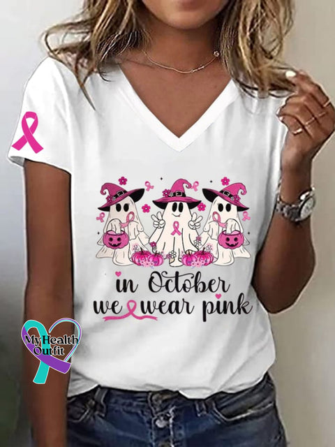 Women’s Breast Cancer Awareness In October We Wear Pink Pumpkins And Ghost Ribbon Print T-Shirt