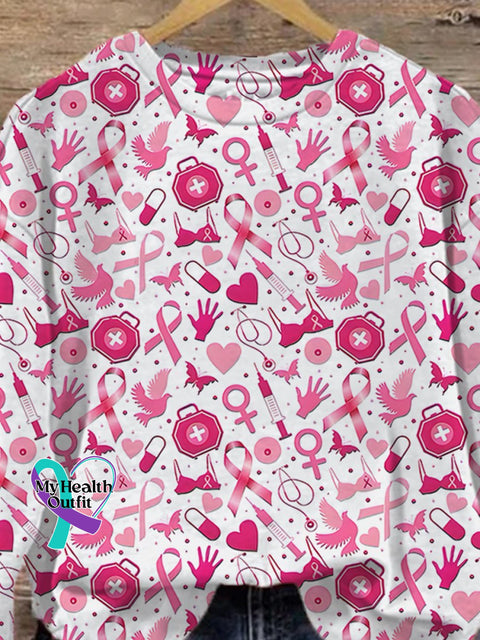 Women’s Breast Cancer Awareness Inspirational Red Ribbon Print Casual Sweatshirt