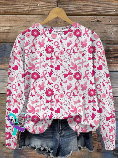 Women’s Breast Cancer Awareness Inspirational Red Ribbon Print Casual Sweatshirt Pink / S