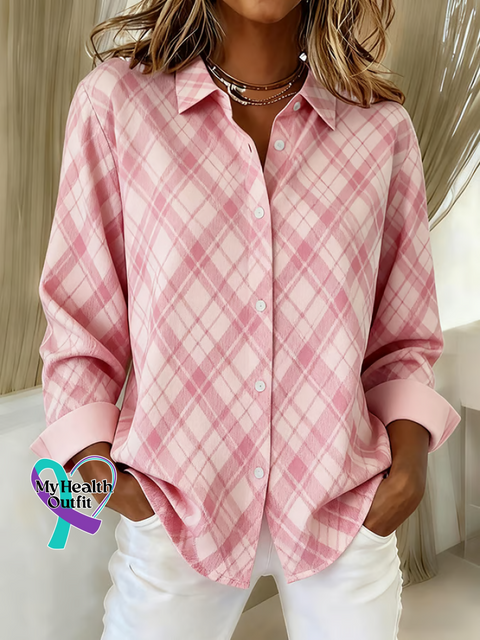 Women’s Breast Cancer Awareness Pink Plaid Print Casual Cotton Shirt Multicolor / S