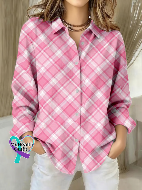 Women’s Breast Cancer Awareness Pink Plaid Print Casual Cotton Shirt Multicolor / S