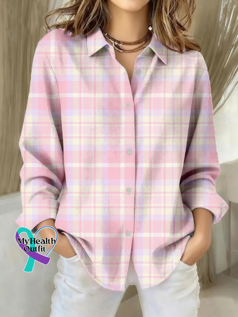 Women’s Breast Cancer Awareness Pink Plaid Print Casual Cotton Shirt Multicolor / S