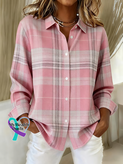 Women’s Breast Cancer Awareness Pink Plaid Print Casual Cotton Shirt Multicolor / S