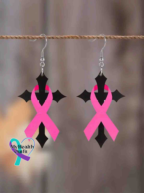 Women’s Breast Cancer Awareness Pink Ribbon Cross Earrings Pink / Size