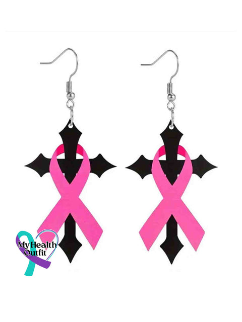 Women’s Breast Cancer Awareness Pink Ribbon Cross Earrings Pink / Size