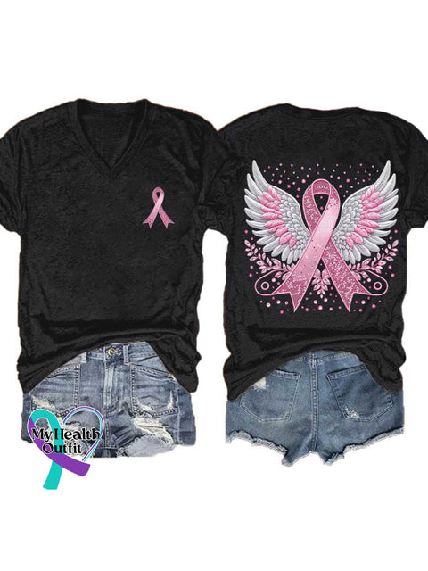 Women’s Breast Cancer Awareness Pink Ribbon V-neck Casual T-Shirt Black / S
