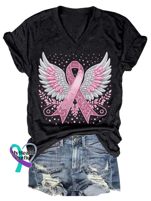 Women’s Breast Cancer Awareness Pink Ribbon V-neck Casual T-Shirt Black / S