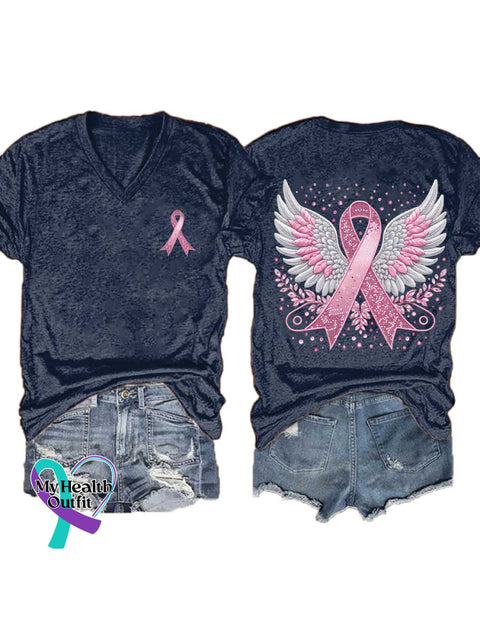 Women’s Breast Cancer Awareness Pink Ribbon V-neck Casual T-Shirt Blue / S