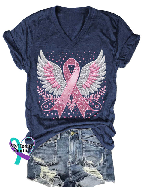 Women’s Breast Cancer Awareness Pink Ribbon V-neck Casual T-Shirt Blue / S