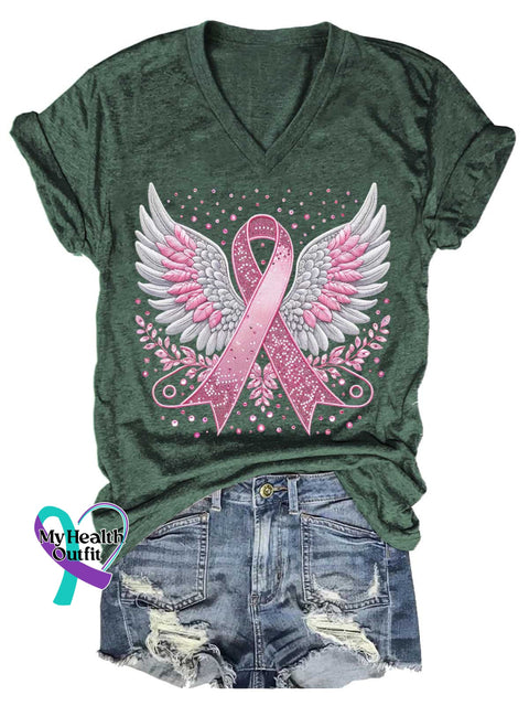 Women’s Breast Cancer Awareness Pink Ribbon V-neck Casual T-Shirt Green / S