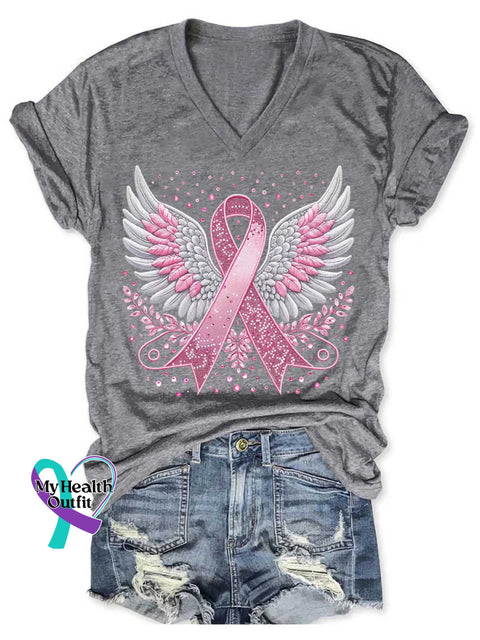 Women’s Breast Cancer Awareness Pink Ribbon V-neck Casual T-Shirt Grey / S