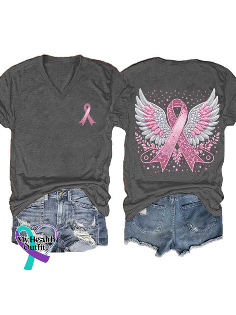 Women’s Breast Cancer Awareness Pink Ribbon V-neck Casual T-Shirt Grey / S