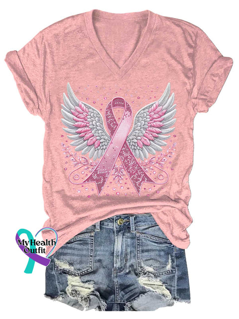 Women’s Breast Cancer Awareness Pink Ribbon V-neck Casual T-Shirt LightPink / S