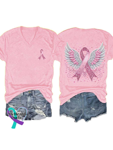 Women’s Breast Cancer Awareness Pink Ribbon V-neck Casual T-Shirt LightPink / S
