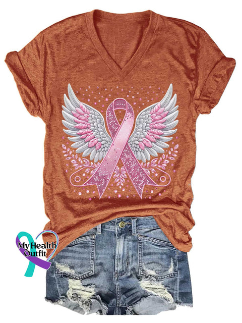 Women’s Breast Cancer Awareness Pink Ribbon V-neck Casual T-Shirt Orange / S