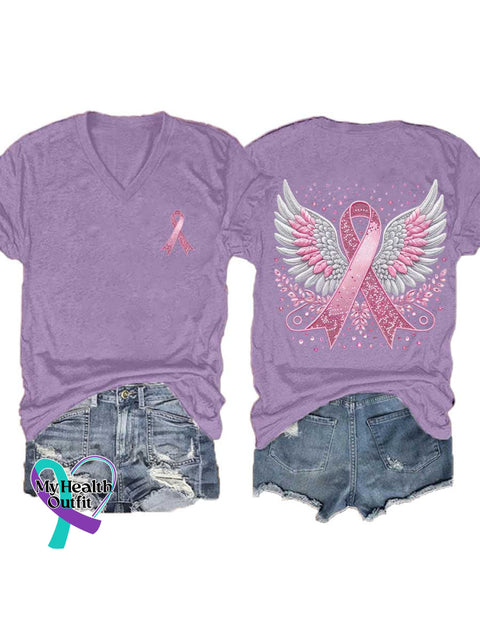 Women’s Breast Cancer Awareness Pink Ribbon V-neck Casual T-Shirt Purple / S