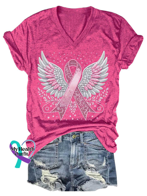 Women’s Breast Cancer Awareness Pink Ribbon V-neck Casual T-Shirt Pink / S