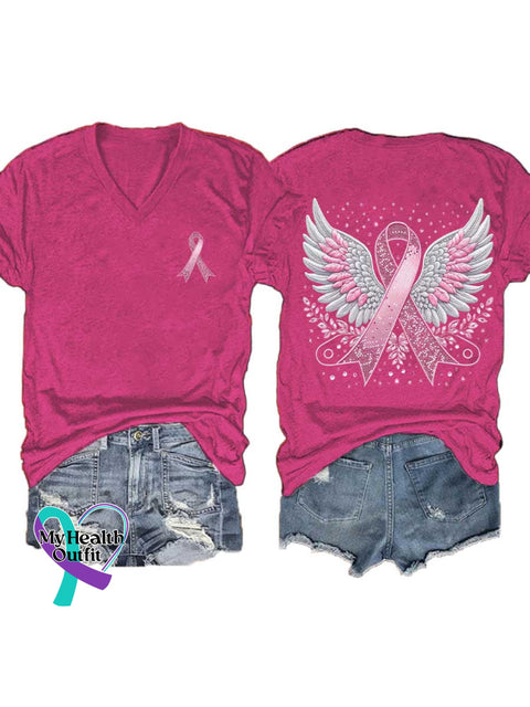 Women’s Breast Cancer Awareness Pink Ribbon V-neck Casual T-Shirt Pink / S