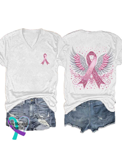Women’s Breast Cancer Awareness Pink Ribbon V-neck Casual T-Shirt White / S