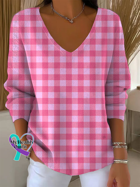 Women’s Breast Cancer Awareness Plaid Casual Pullover Sweater Multicolor / S