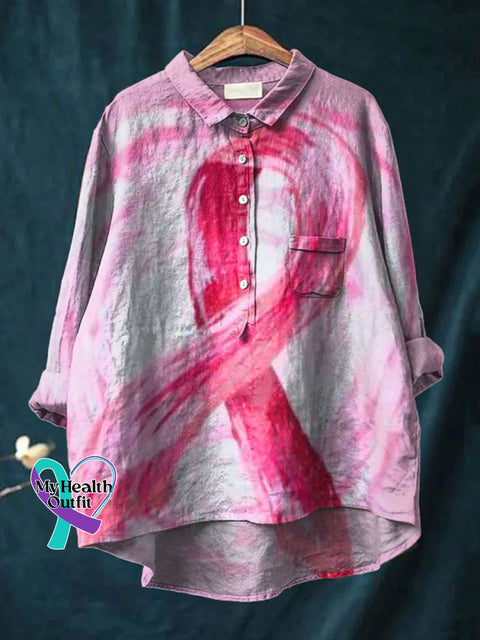 Women’s Breast Cancer Awareness Print Casual Cotton And Linen Shirt Multicolor / S