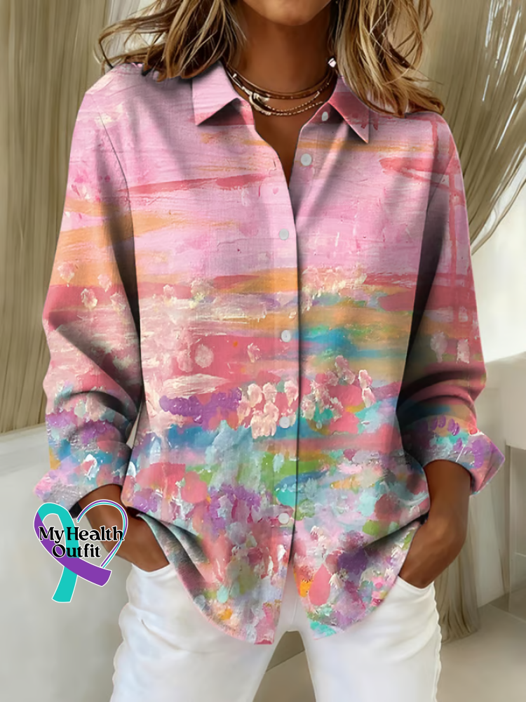 Women’s Breast Cancer Awareness Print Casual Cotton Shirt Multicolor / S