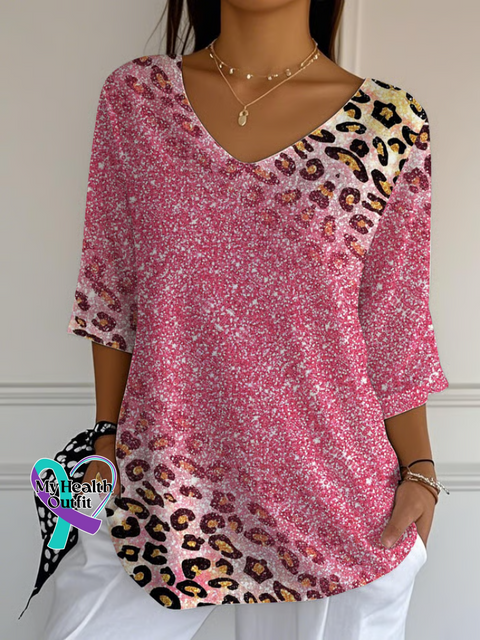 Women’s Breast Cancer Awareness Print Casual Cotton Short Sleeve V-neck Shirt Multicolor / S