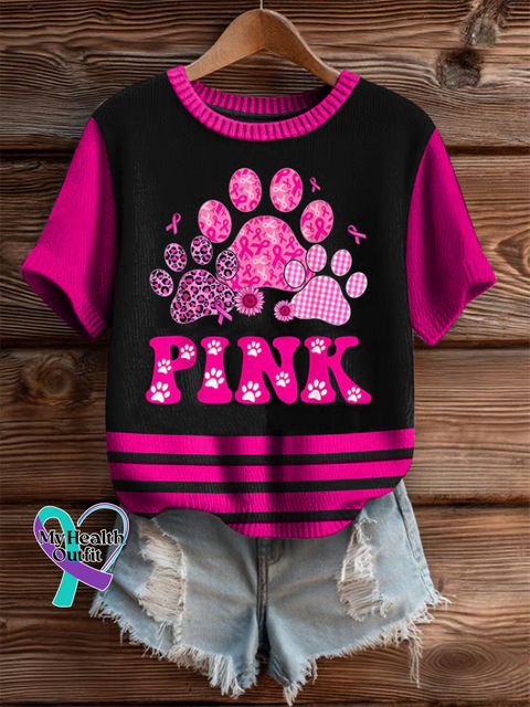 Women’s Breast Cancer Awareness Print Casual Crew Neck Short Sleeve Knitted Sweater Multicolor / S