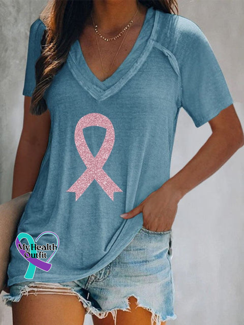 Women’s Breast Cancer Awareness Print Casual T-Shirt Blue / S