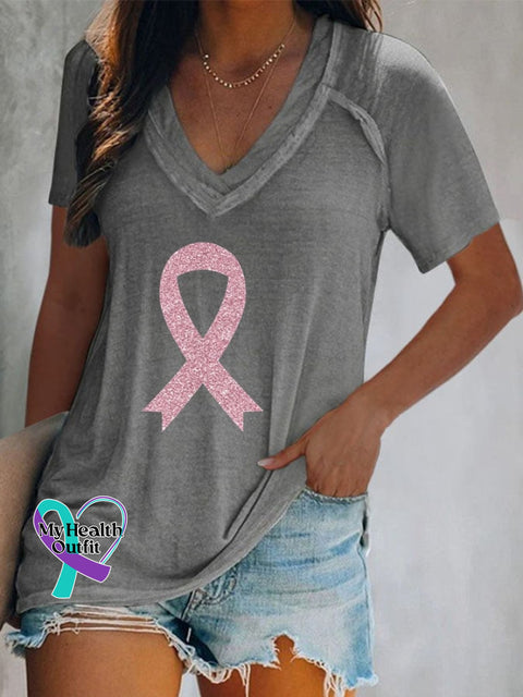 Women’s Breast Cancer Awareness Print Casual T-Shirt Grey / S