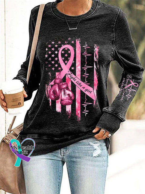 Women’s Breast Cancer Awareness Print Casual V-Neck Long Sleeve T-Shirt Black / S