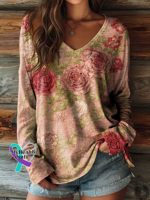 Women’s Breast Cancer Awareness Print Casual V-neck Long Sleeve T-shirt Multicolor / S