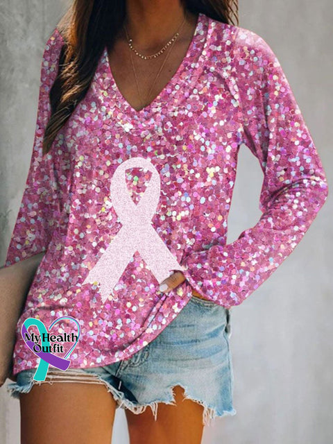 Women’s Breast Cancer Awareness Print Casual V-Neck Long Sleeve T-Shirt Multicolor / S