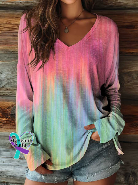 Women’s Breast Cancer Awareness Print Casual V neck Long Sleeve T shirt Pink / S