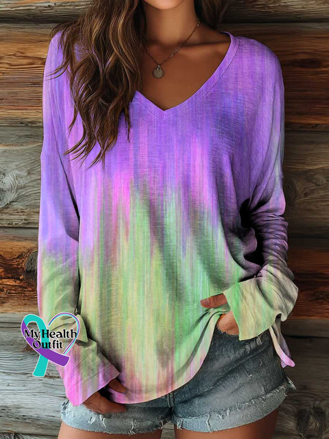 Women’s Breast Cancer Awareness Print Casual V neck Long Sleeve T shirt Purple / S