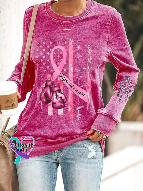 Women’s Breast Cancer Awareness Print Casual V-Neck Long Sleeve T-Shirt Rose Pink / S