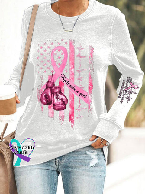 Women’s Breast Cancer Awareness Print Casual V-Neck Long Sleeve T-Shirt White / S