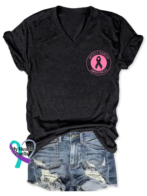 Women’s Breast Cancer Awareness Print T-Shirt V-Neck Black / S