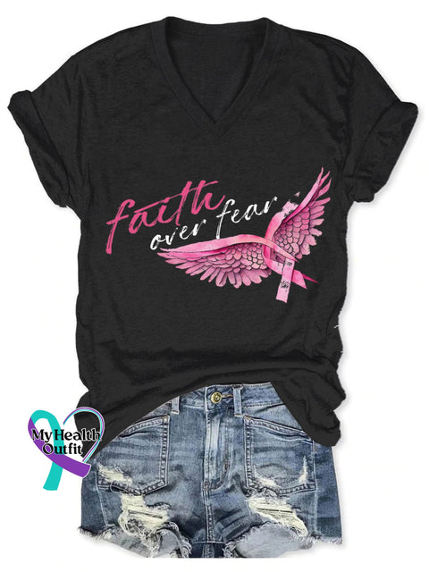 Women’s Breast Cancer Awareness Print V-Neck Casual T-Shirt Black / S