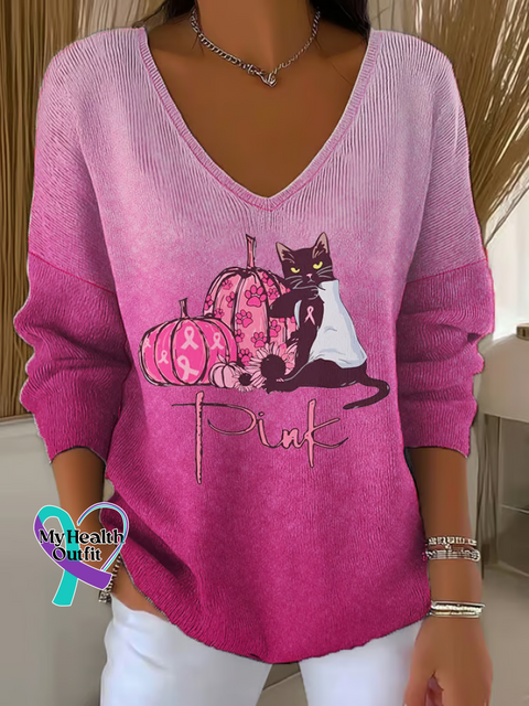Women’s Breast Cancer Awareness Pumpkin Cat Casual Pullover Sweater Multicolor / S