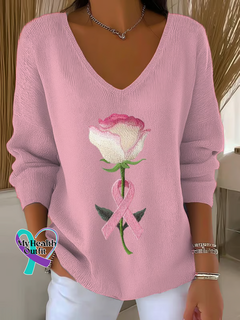 Women’s Breast Cancer Awareness Rose Pink Ribbon Print Casual Pullover Sweater LightPink / S