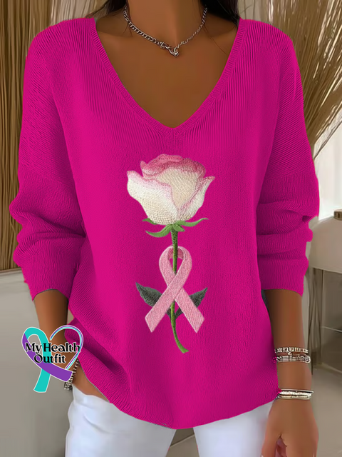 Women’s Breast Cancer Awareness Rose Pink Ribbon Print Casual Pullover Sweater Pink / S
