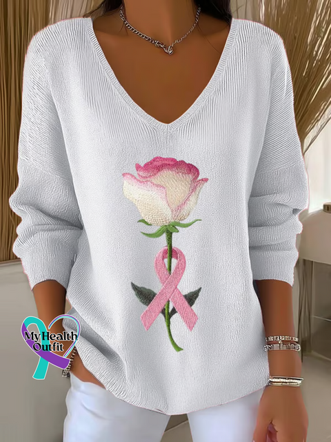Women’s Breast Cancer Awareness Rose Pink Ribbon Print Casual Pullover Sweater White / S