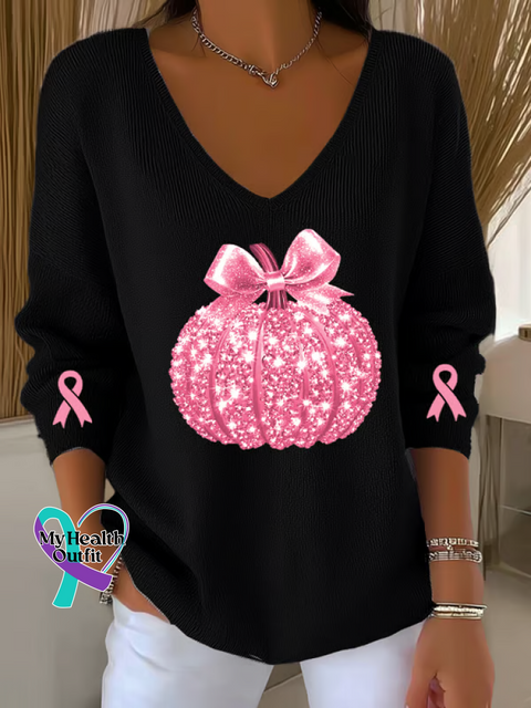 Women’s Breast Cancer Awareness Sequined Pumpkin Print Casual Pullover Sweater Black / S