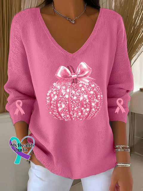 Women’s Breast Cancer Awareness Sequined Pumpkin Print Casual Pullover Sweater LightPink / S