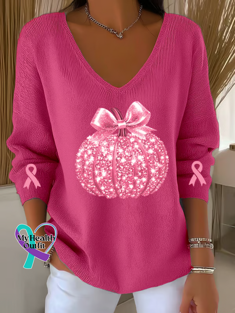 Women’s Breast Cancer Awareness Sequined Pumpkin Print Casual Pullover Sweater Pink / S