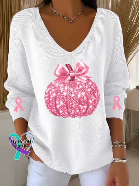 Women’s Breast Cancer Awareness Sequined Pumpkin Print Casual Pullover Sweater White / S