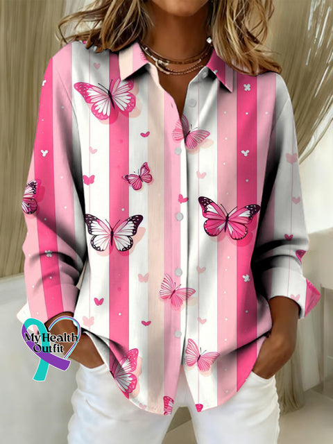 Women’s Breast Cancer Awareness Stripe Print Casual Cotton Shirt Multicolor / S