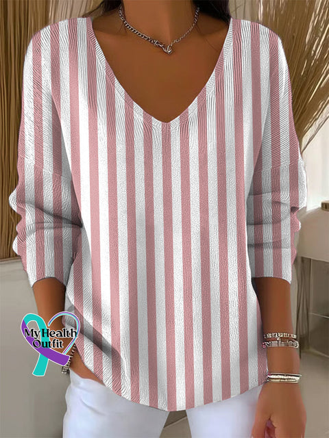 Women’s Breast Cancer Awareness Stripe Casual Pullover Sweater Multicolor / S
